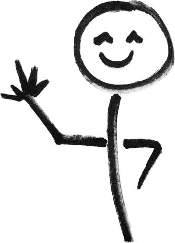 A happy stick figure waving at you, hand-drawn in black marker.