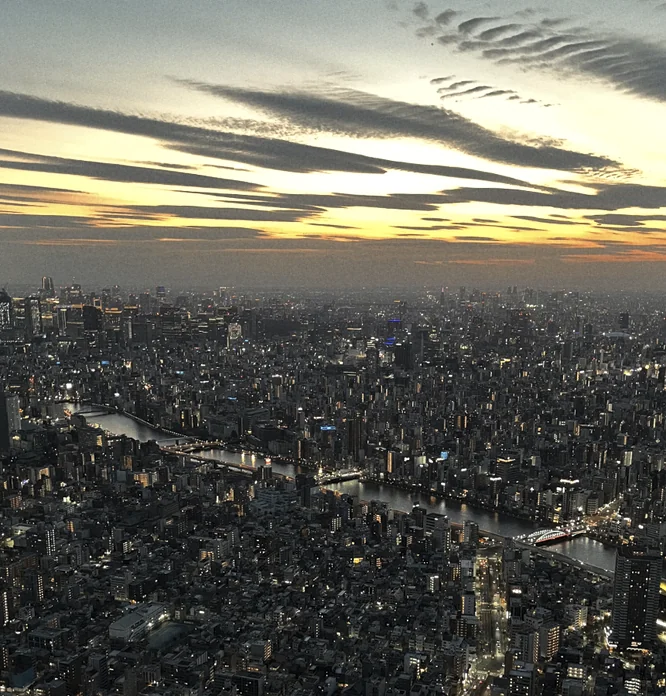 View towards Shinjuku and Shibuya from TOKYO SKYTREE® at sunset: tall buildings with lights stretching towards the horizon.